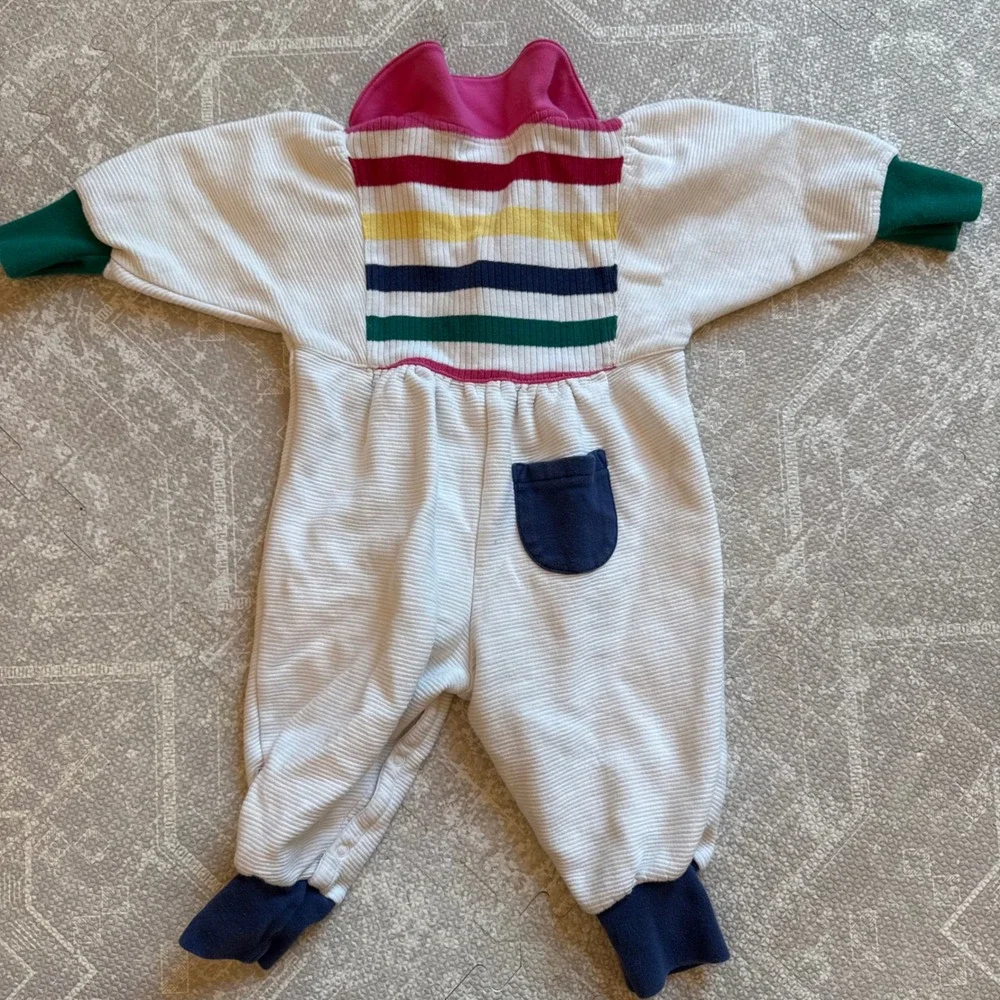 Vintage 90s Gymboree Romper Girld 6-12M White Rainbow Stripe Heart Ribbed Cotton